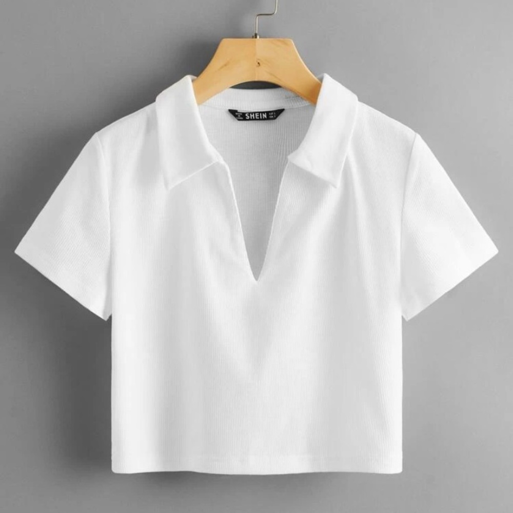 SHEIN: White Collared Ribbed Crop Tee [Size: Small]